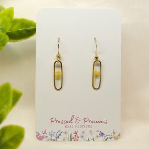 Gold Slim Oval Earrings With Yellow Flowers