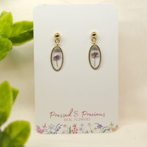 Gold Oval Earrings With Purple Flowers