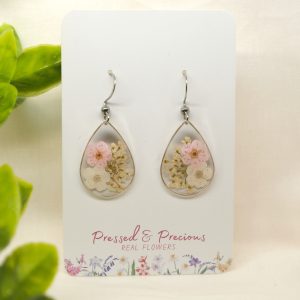 Silver Teardrop Earrings With White and Pink Flowers