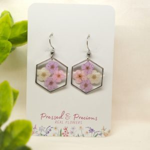Large Silver Hexagon Earrings With Mixed Pink and White Flowers