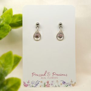 Small Silver Teardrop Earrings With Pink Flowers