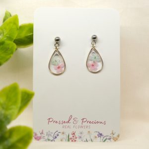 Silver Teardrop Earrings With Blue and Pink Flowers