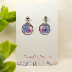 Silver Round Earrings With Blue and Pink Flowers