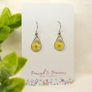 Silver Teardrop Earrings With Yellow Flowers