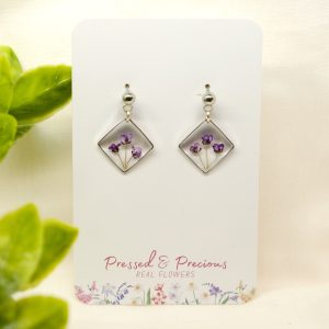 Silver Square Earrings With Purple Flowers
