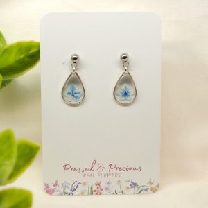 Silver Teardrop Earrings With White and Blue Flowers