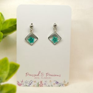 Small Silver Square Earrings With Turquoise Flowers