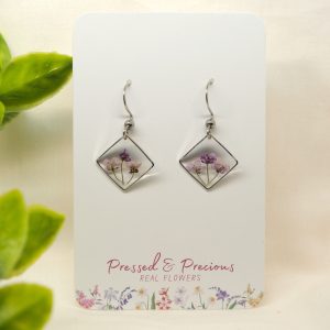 Silver Square Earrings With Purple Flowers