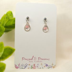 Small Silver Teardrop Earrings With Pink Flowers