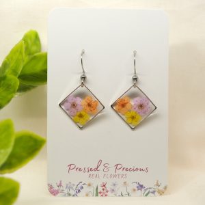 Silver Square Earrings With Yellow, Orange, and Pink Flowers