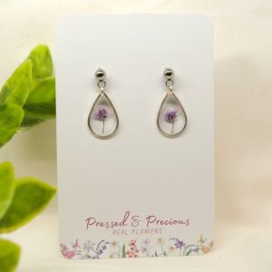 Silver Teardrop Earrings With Purple Flowers