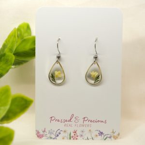 Silver Teardrop Earrings With White Flowers and Leaves