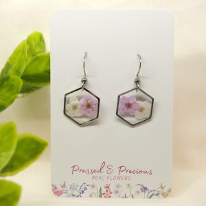 Small Silver Hexagon Earrings With Pink and White Flowers