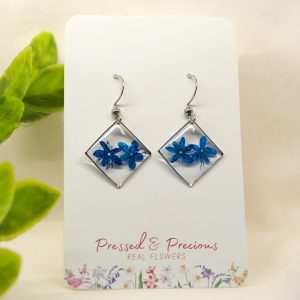 Silver Square Earrings With Blue Flowers