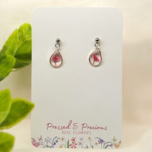 Small Silver Teardrop Earrings With Red Flowers