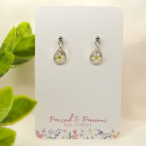 Small Silver Teardrop Earrings With White Flowers