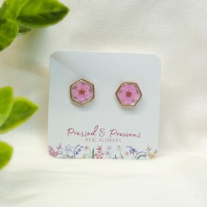 Gold Hexagon Studs With Pink Flowers