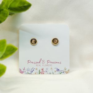Tiny Gold Round Studs With Beige Flowers