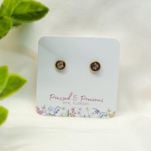 Tiny Gold Round Studs With Purple and White Flowers