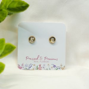Tiny Gold Round Studs With White Flowers